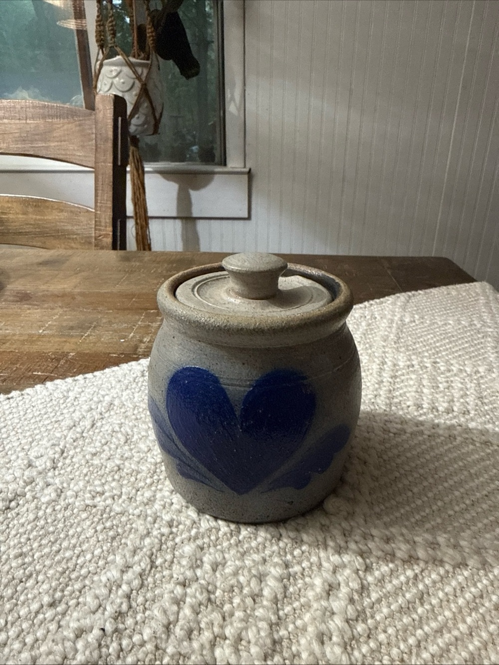 Rowe Pottery Works 1984 Stoneware Lidded Jar with Blue Heart Accent - Home Art